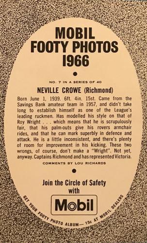 1966 Mobil Footy Photos VFL #7 Neville Crowe Back